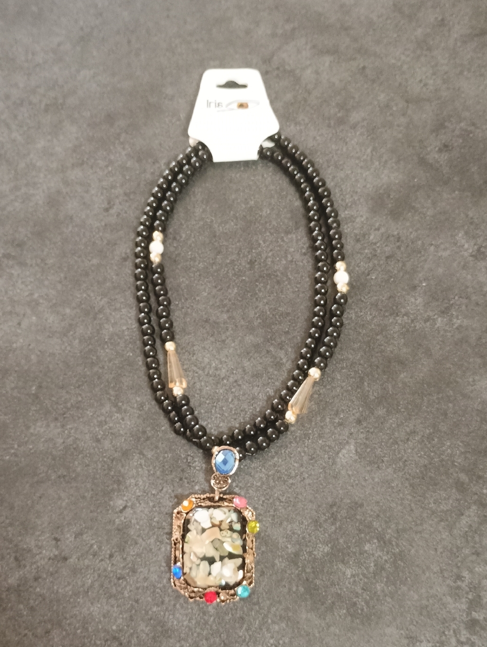 iris Black Beaded Necklace with Multicolor Gemstone Pendant